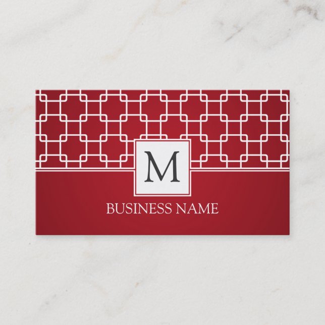 Einfaches Gitter-Muster-Monogramm-Rot Visitenkarte (Vorderseite)