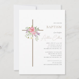 Einfaches Gold Cross Elegante Minimalistische Tauf Einladung