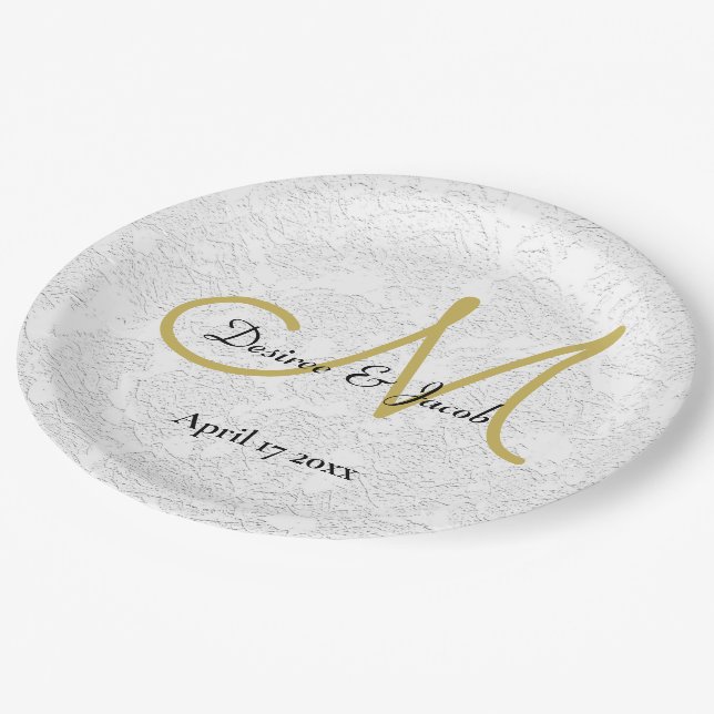 Einfaches Gold White Black Elegant Wedding Monogra Pappteller (Schrägansicht)