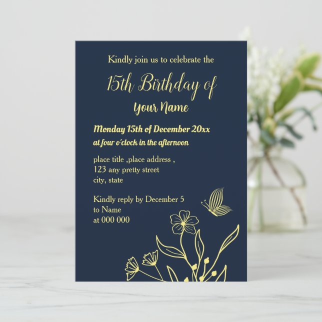 Einfaches goldenes Blumengeburtstag Einladung (Stehend Vorderseite)