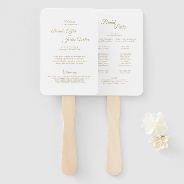 Einfaches Goldkalligrafisches Hochzeitsprogramm Fächer (Vorne und Hinten)