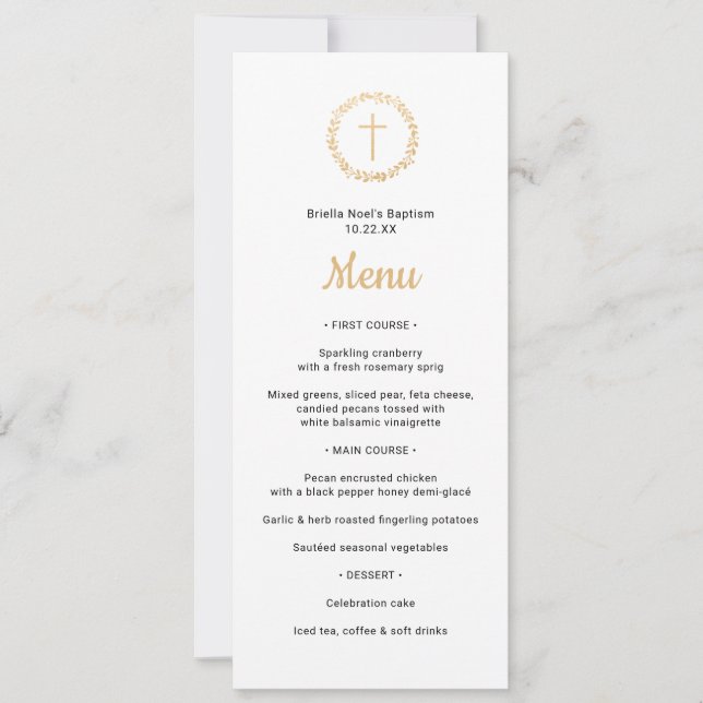 Einfaches Goldkranz mit Taufmenü Einladung (Vorderseite)