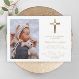 Einfaches Goldkreuz mit Herz-Foto-Taufe Einladung