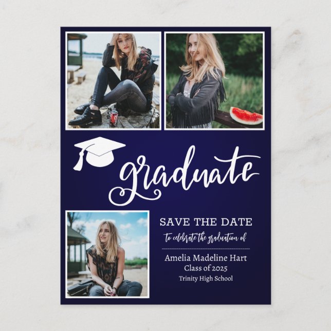 Einfaches Graduate Script-Save the Date-Foto | Bla Ankündigungspostkarte (Vorderseite)