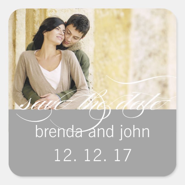 Einfaches graues Foto Save the Date Hochzeitsticke Quadratischer Aufkleber (Vorderseite)