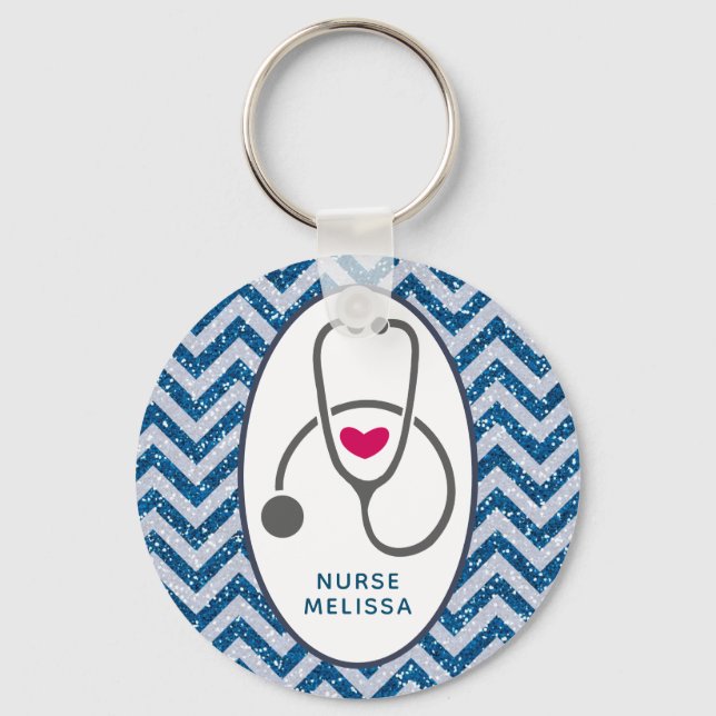 Einfaches graues PflegeStethoscope auf Blue Zickza Schlüsselanhänger (Vorderseite)