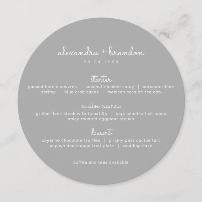 Einfaches graues Round Wedding Menu Menükarte (Vorderseite)