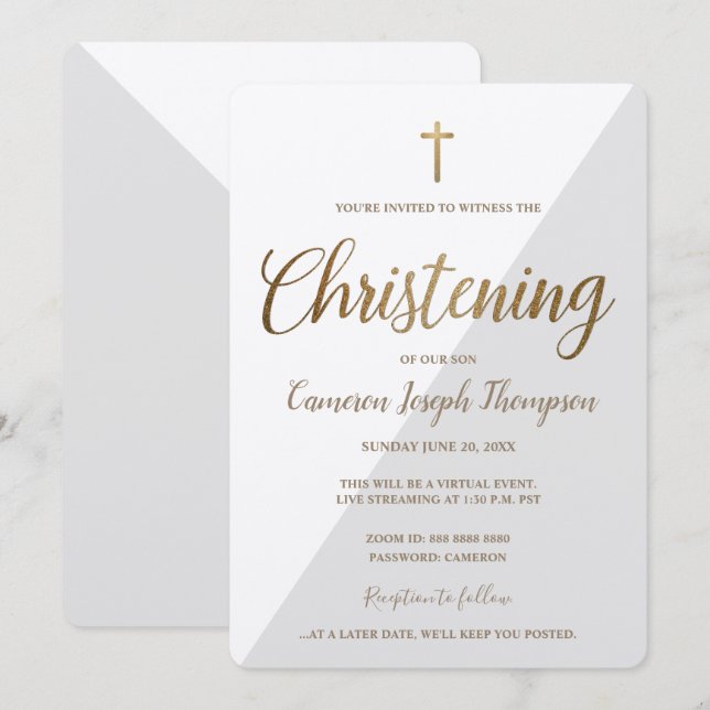 Einfaches Grauweißes Gold Cross Virtual Christenin Einladung (Vorne/Hinten)