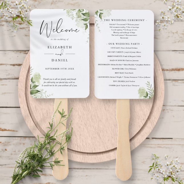 Einfaches Grünpflanzen-Hochzeitsprogramm-Handfäche Fächer (Simple Greenery Foliage Wedding Program Hand Fan)