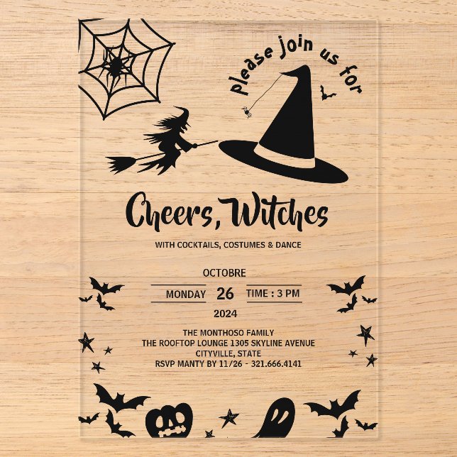 Einfaches Halloween-Party mit Hexenhut-Adult-Kostü Acryleinladungen (Vorderseite)