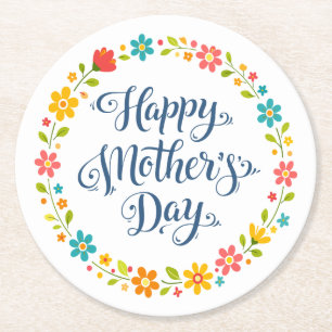 Einfaches Happy Mother's Day Florale Kalligrafie Runder Pappuntersetzer