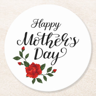 Einfaches Happy Mother's Day Florale Kalligrafie Runder Pappuntersetzer