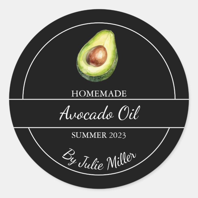Einfaches, hausgemachte Avocado-Öl-Label | Schwarz Runder Aufkleber (Vorderseite)