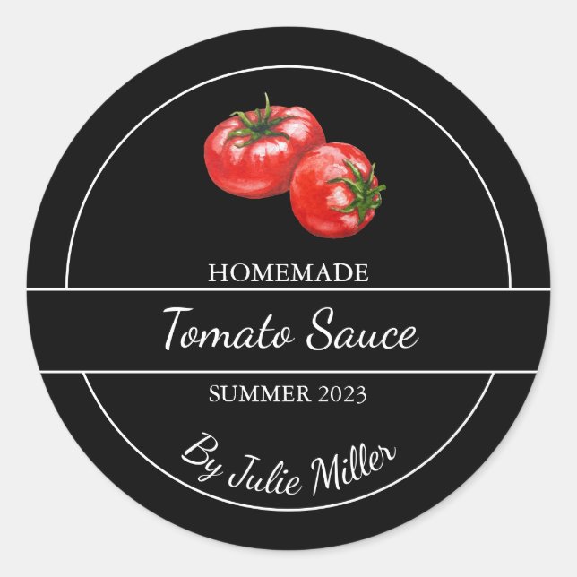 Einfaches, hausgemachte Tomato Sauce Label Black Runder Aufkleber (Vorderseite)
