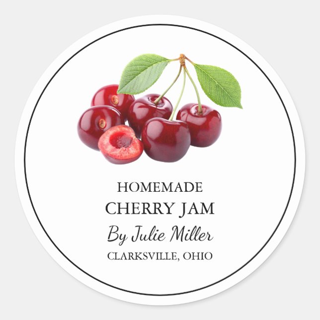 Einfaches, hausgemachtes Cherry-Jam-Label Runder Aufkleber (Vorderseite)