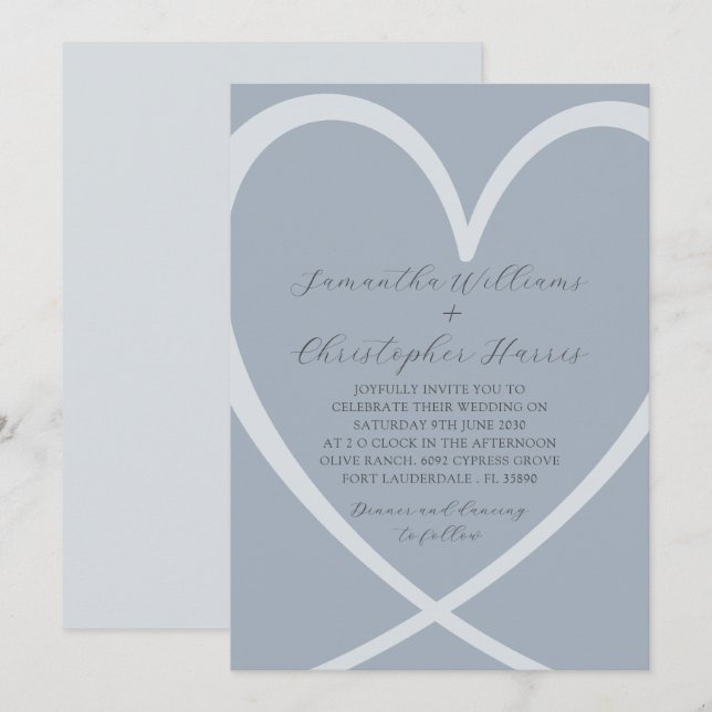 Einfaches Herz Dusty Blue Hochzeit Einladung (Vorne/Hinten)