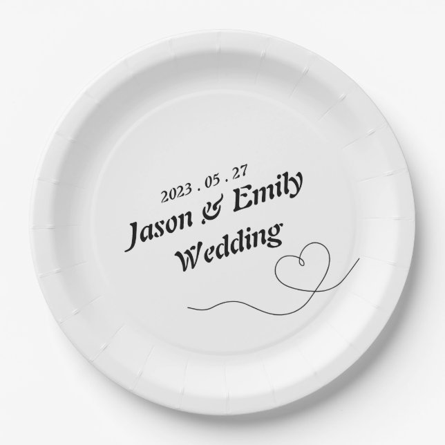 Einfaches Herz mit Namen Hochzeitspapier Platte Pappteller (Vorderseite)