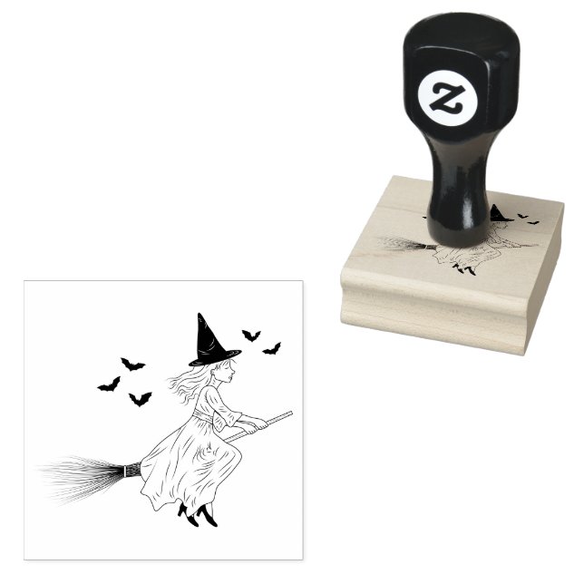 Einfaches Hexenmädchen mit Fledermäusen auf einem  Gummistempel (Stempel)