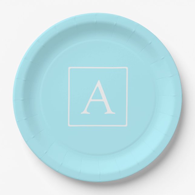 Einfaches Himmelblau-Monogramm Pappteller (Vorderseite)