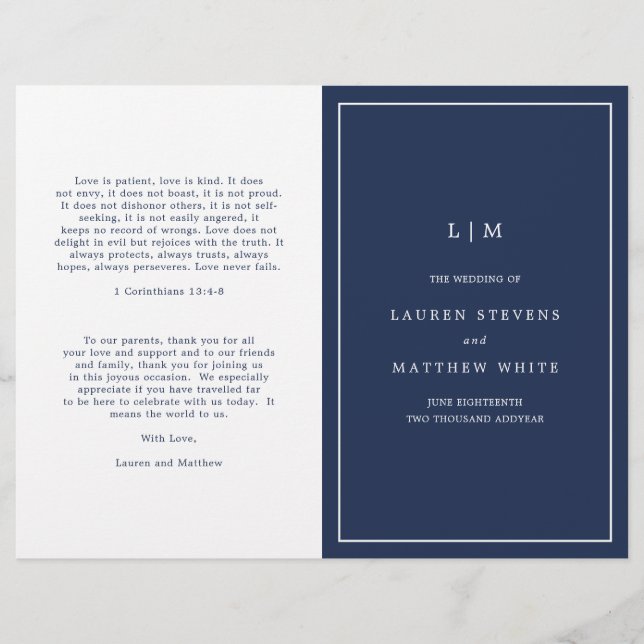 Einfaches Hochzeitsprogramm für Navy Blue Monogram (Vorderseite)