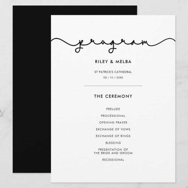 Einfaches Hochzeitsprogramm für niedliche Schrifta Programm (Vorne/Hinten)