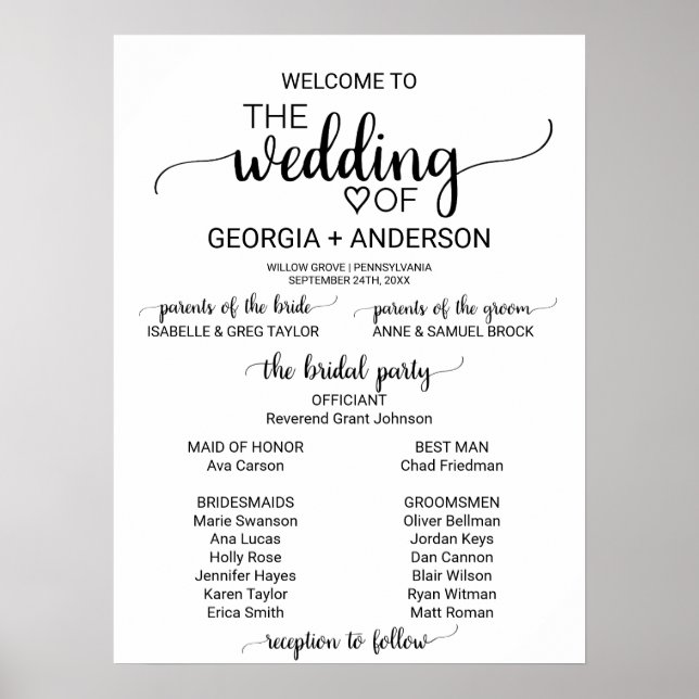 Einfaches Hochzeitsprogramm für Schwarze Kalligraf Poster (Vorne)