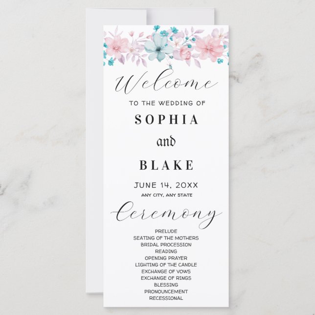 Einfaches Hochzeitsprogramm in Rosa und Blauer Flo (Vorderseite)