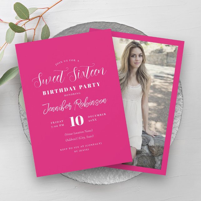 Einfaches Hot Pink Foto Sweet 16 Sechzehn Einladung (Simple Hot Pink Photo Sweet 16 Sixteen Invitation)