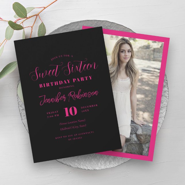 Einfaches Hot Pink Schwarzes Foto Sweet 16 Sechzeh Einladung (Simple Hot Pink Black Photo Sweet 16 Sixteen Invitation)
