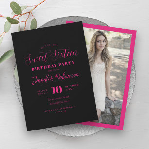Einfaches Hot Pink Schwarzes Foto Sweet 16 Sechzeh Einladung