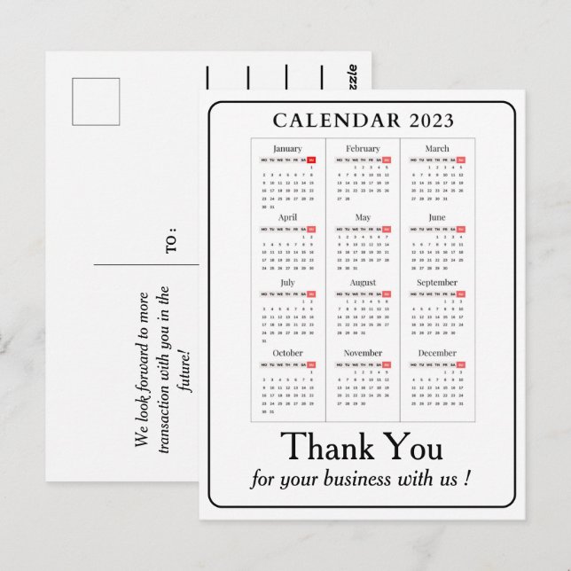 Einfaches Kalenderjahr 2023 Kundenspezifische Gesc Postkarte (Vorne/Hinten)