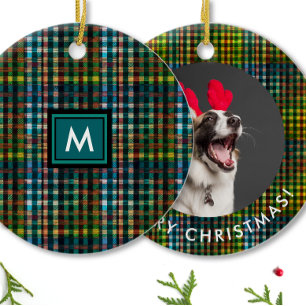 Einfaches klassisches grünes Karo-Tartan-Fotomonog Keramik Ornament