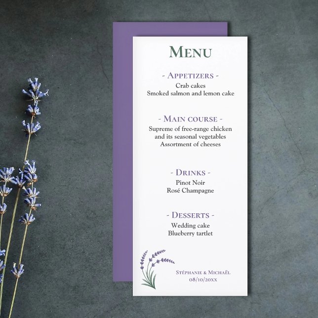 Einfaches Lavendel-Hochzeitsempfangsmenü Menükarte (Simple Lavender Wedding Reception Menu)