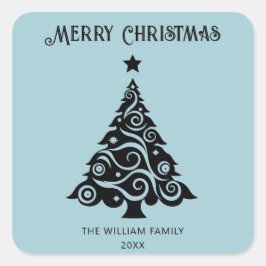 Einfaches Light Blue Frohe Weihnachtsbaumgeschenk Quadratischer Aufkleber