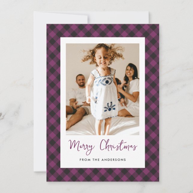 Einfaches Lila Kariertes Foto Frohe Weihnachten (Vorderseite)