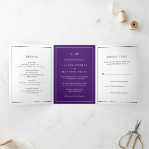 Einfaches lila Monogramm Elegante Hochzeit Dreifach Gefaltete Einladung