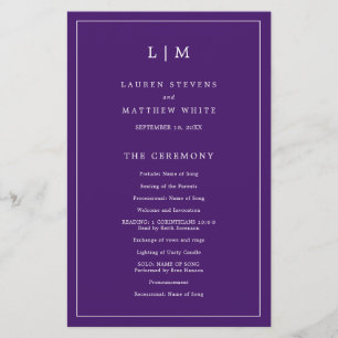 Einfaches lila Monogramm Elegantes Hochzeitsprogra
