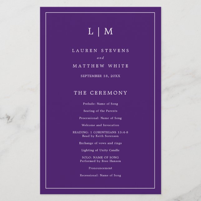 Einfaches Lila Monogramm-Hochzeitsprogramm (Vorderseite)