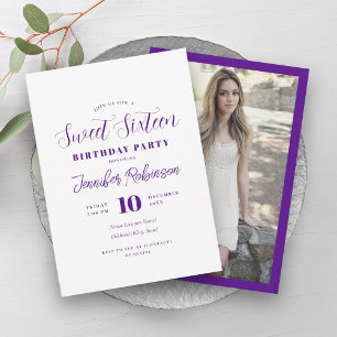 Einfaches Lila weißes Foto Sweet 16 16 Einladung