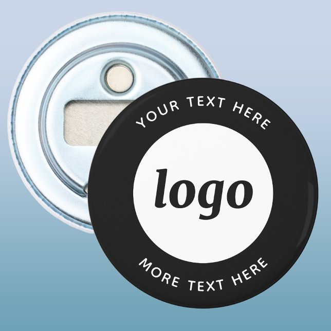 Einfaches Logo mit Text Geschäftswerbung Flaschenöffner (Simple logo with custom text business branding promotional button bottle opener in black and white)