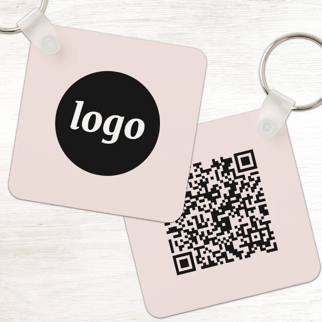 Einfaches Logo QR-Code Business Blush Rosa Schlüsselanhänger (Simple logo with QR code business branding promotional blush pink key ring )