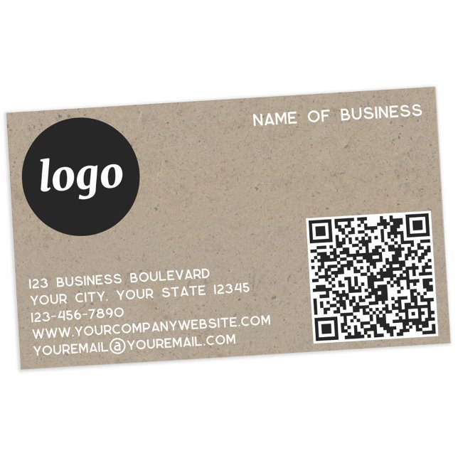 Einfaches Logo und QR Code Brown Paper Rechteckiger Aufkleber (Logo QR code with custom text business promotional sticker with brown paper effect)