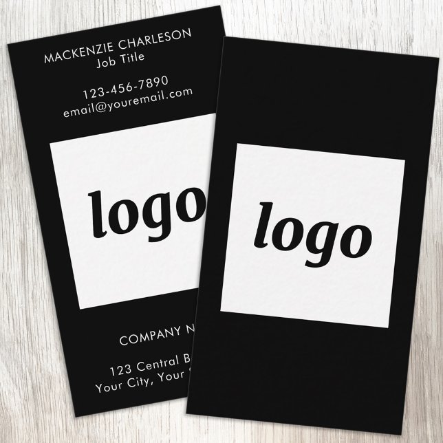 Einfaches Logo und schwarzer Text vertikal Visitenkarte (Simple logo with custom text business branding promotional business cards)
