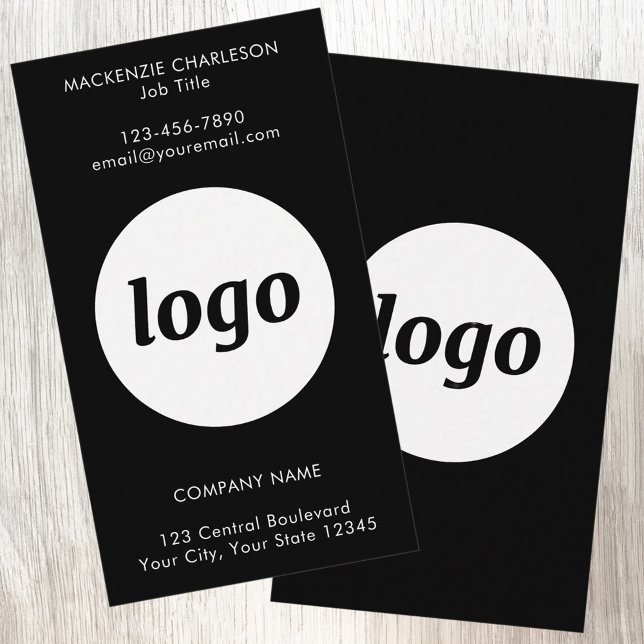 Einfaches Logo und schwarzer Text vertikal Visitenkarte (Simple logo with custom text business branding promotional vertical black business cards)