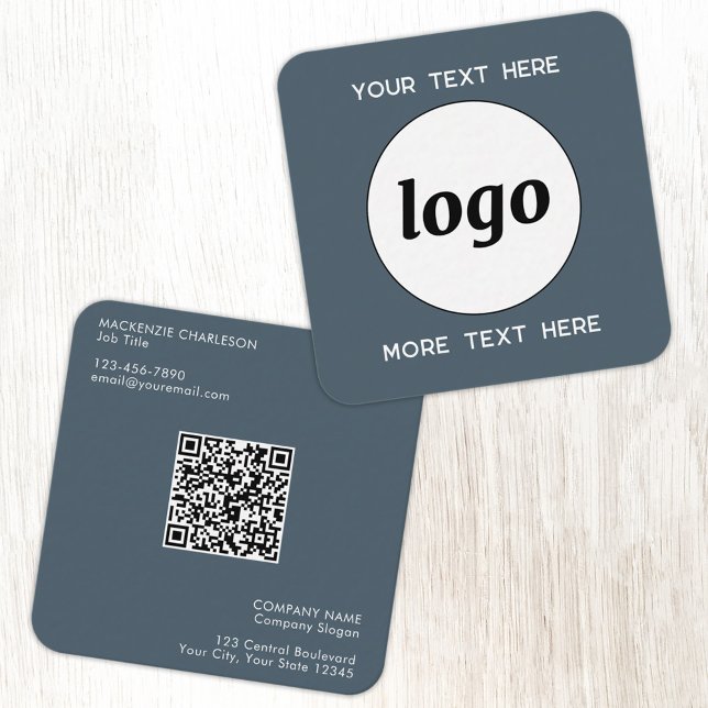 Einfaches Logo und Text QR-Code Anthrazitgrau Quadratische Visitenkarte (Simple logo with QR code custom text business branding promotional charcoal gray business card)