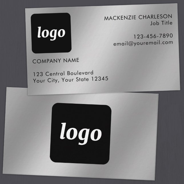 Einfaches Logo und Text Silber-Effekt Visitenkarte (Simple logo with custom text business branding promotional silver metallic finish business cards)