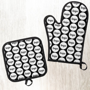 Einfaches Logo-Werbemuster Schwarz Ofenhandschuh & Topflappen-Set