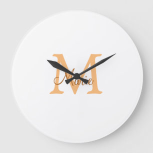 einfaches minimal add name monogramm orange braun große wanduhr