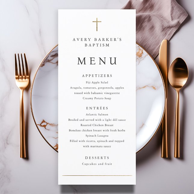 Einfaches Minimal Gold Kreuz Taufmenü Programm (Simple Minimalist Gold Cross Baptism Menu.)