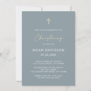 Einfaches Minimal-Gray Blue & Gold Cross Christeni Einladung